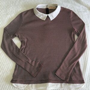 Tory Burch Burgundy and Cream Striped Peter Pan Collar Top size medium